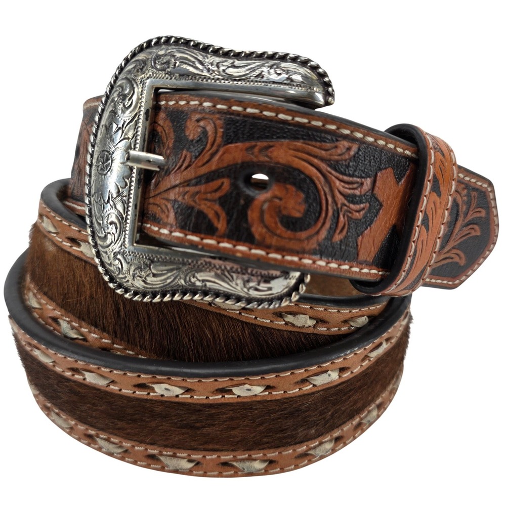 Nocona Belt 44 Brown Leather Calf Hair Cross Western Center Buck Buckle N2413748